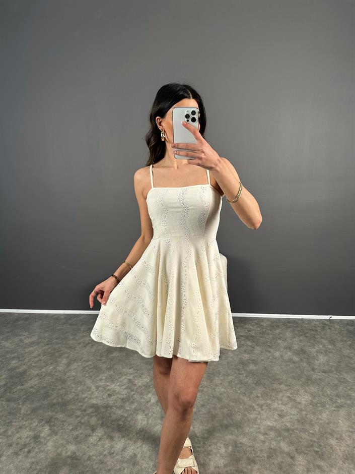 Ekru Fistolu Astarlı Mini Elbise 