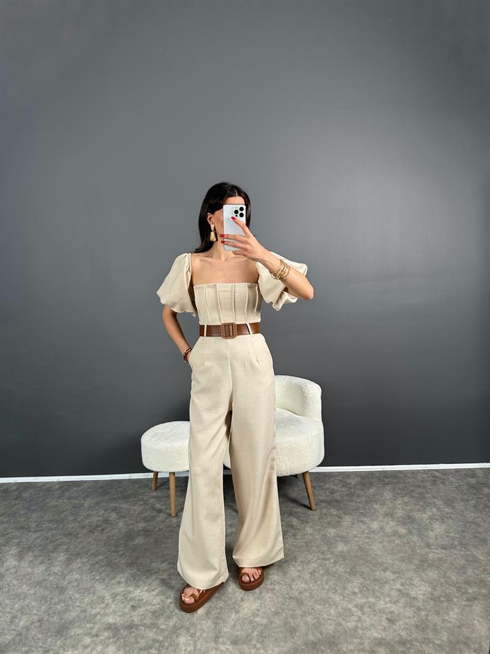 Nick Taş Keten Kemerli Balon Kol Tulum 