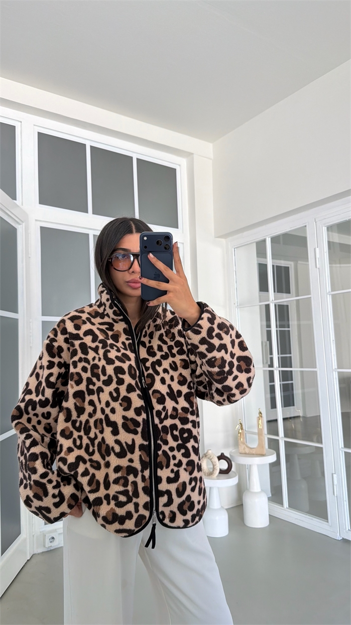 Leopar Desenli Fermuarlı Polar Sweatshirt GAUS-01916 GAUS-01990