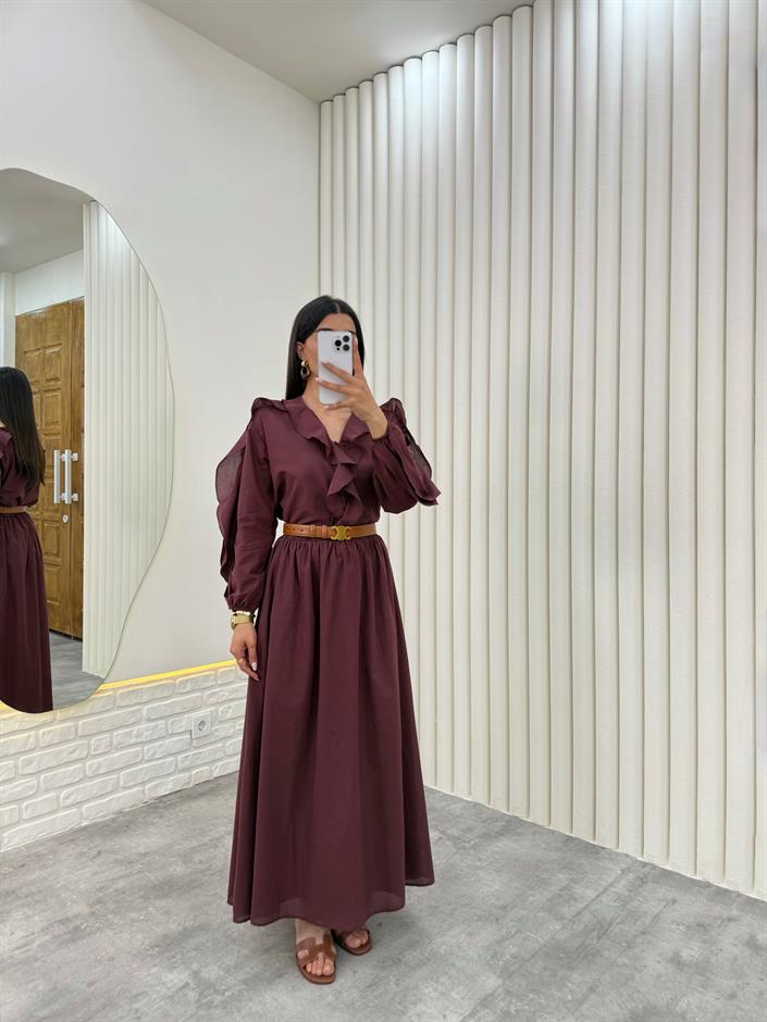 Bordo Önü Düğmeli Fırfırlı Üst Beli Lastikli Astarlı Etek Vual İkili Takım Gaus00321