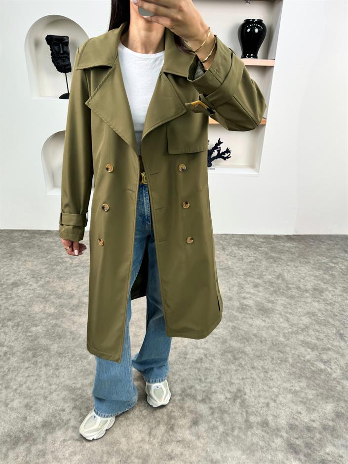 Hana Haki Premium Kemerli Astarlı Muadil Trençkot