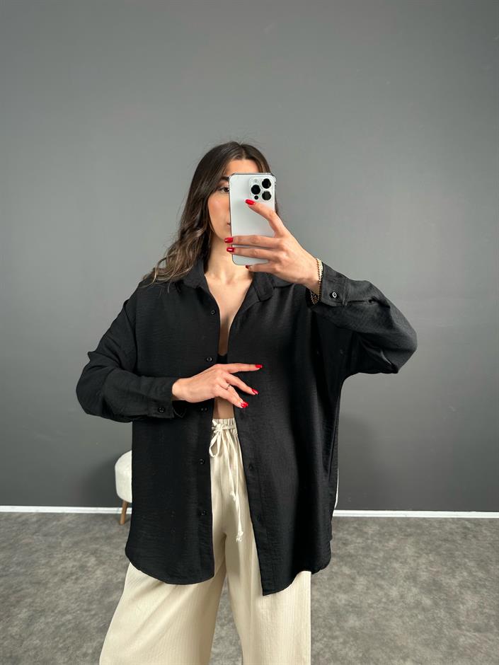Daria Siyah Keten Oversize Gömlek