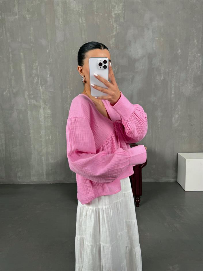 Runo Pembe V Yaka Müslin Gömlek