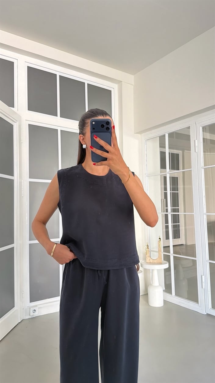 Lacivert Bluz Beli Lastikli Pantolon Yıkamalı Tencel Takım GAUS-01795
