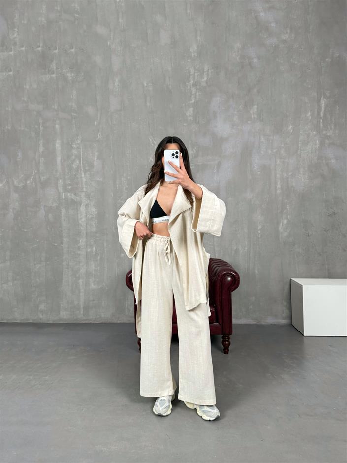 Sansa Taş Kuşaklı Keten Kimono Takım