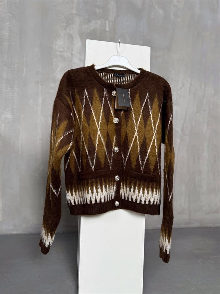 Manusa Ekru Kahve Sakallı Desenli Düğmeli MD Hırka