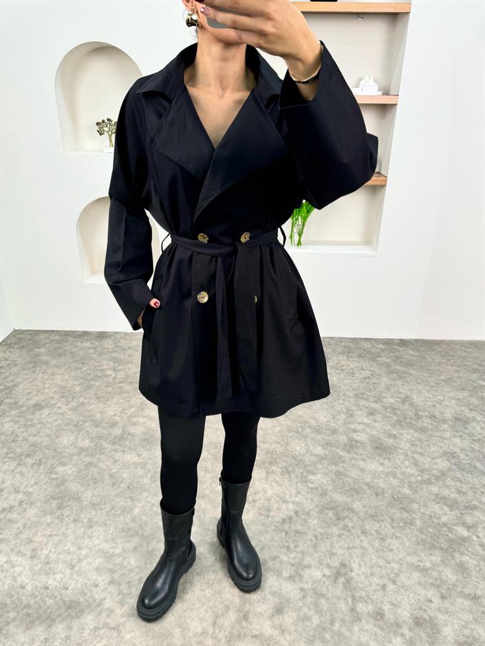 Anabel Siyah Kemerli Orta Boy Astarsız Trençkot