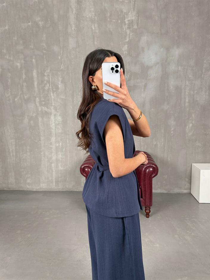 Kely Lacivert Astarlı Kuşaklı Yelek Pantolon Keten Takım 