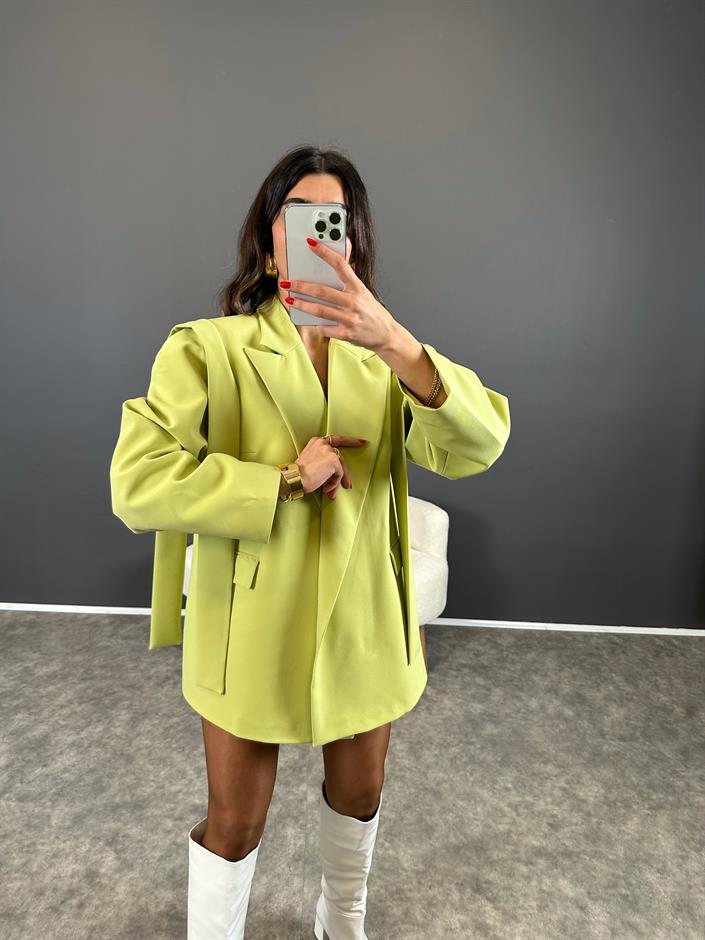 Marisol Premium Yeşil Bağlamalı Astarlı Blazer Ceket