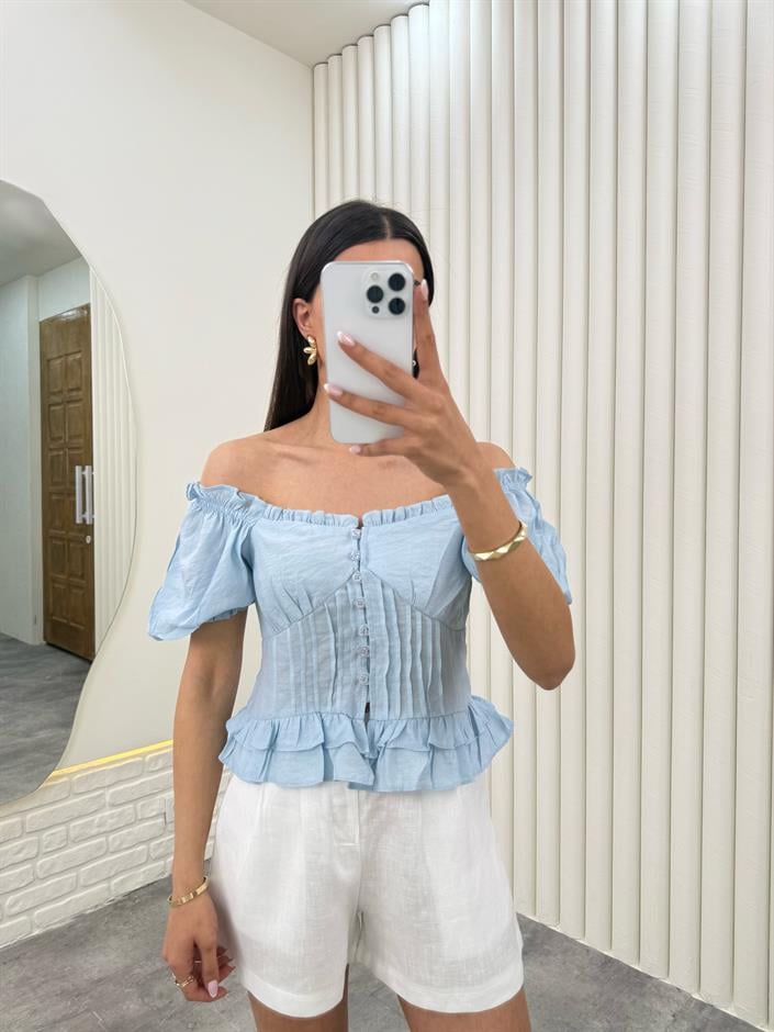 Mavi Balon Kol Önü Düğmeli Fırfırlı Tensel Crop Bluz Gaus00279