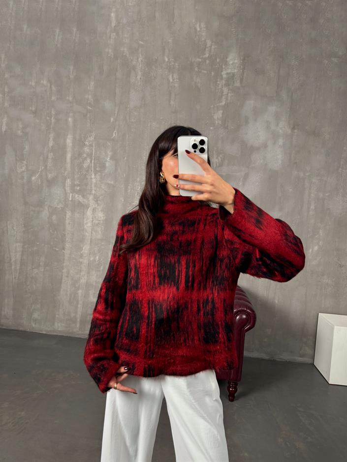 Iced Bordo Desenli Yarım Balıkçı Yaka Sakallı Kazak