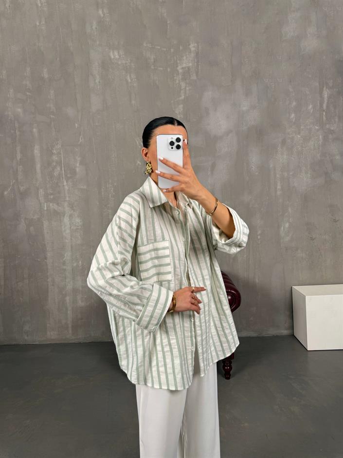 Yeşil Çizgili Oversize Keten Gömlek Gaus00017