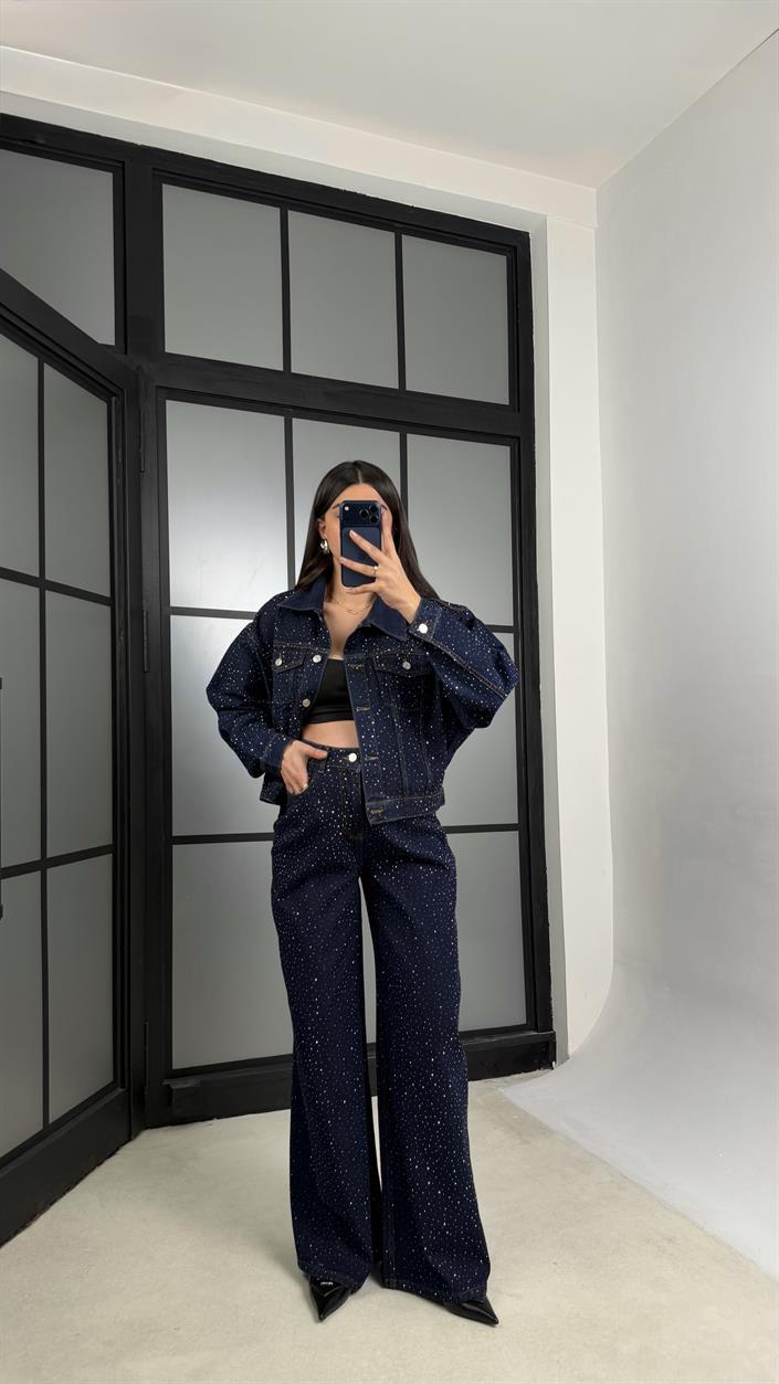 Lacivert Premium Taşlı Denim İkili Takım GAUS-01191