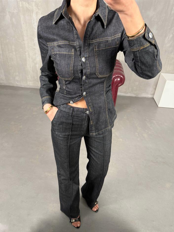 Füme Belden Oturtmalı Ceket Pantolon Denim Takım Gaus00084