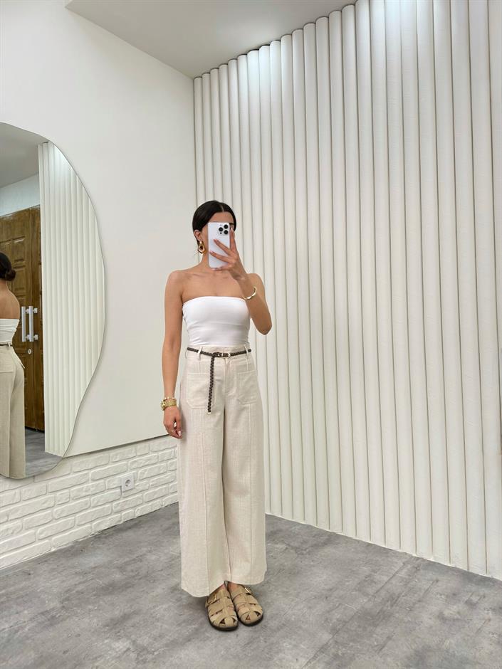 Taş Örgü Kemerli Cepli Keten Pantolon Gaus00332