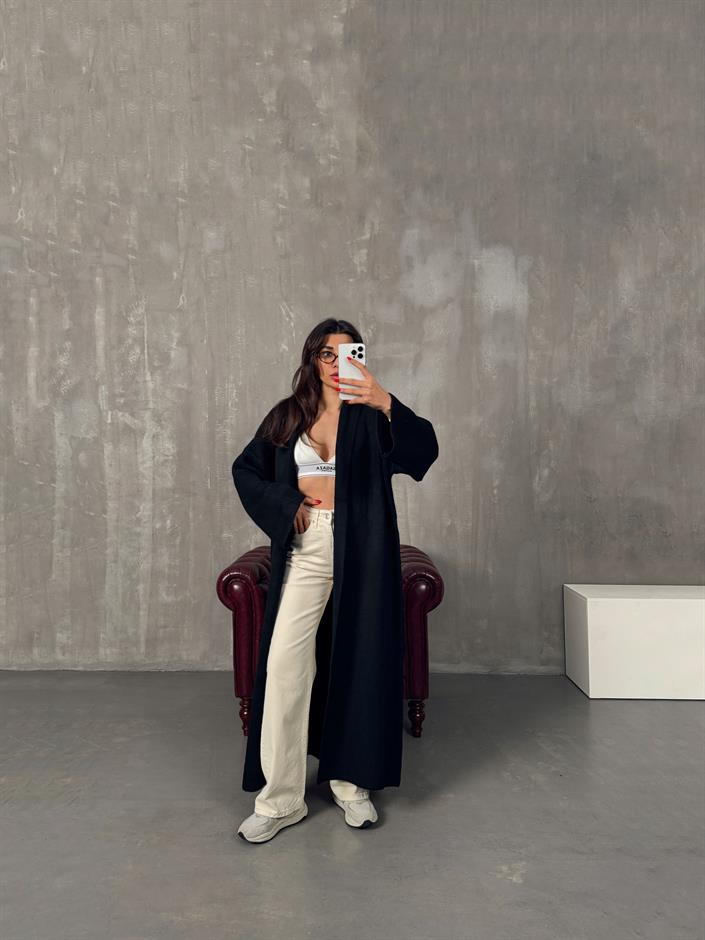 Nivera Siyah Oversize Premium Uzun Hırka
