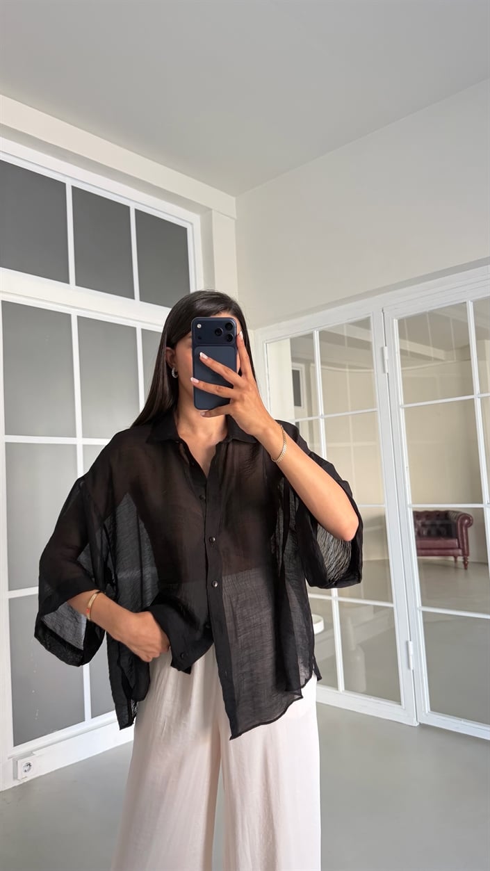 Siyah Kısa Kollu Transparan Gömlek GAUS-01699