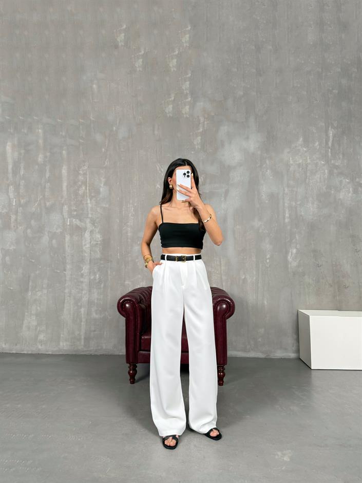 Beyaz Palazzo Kumaş Pantolon Gaus00140