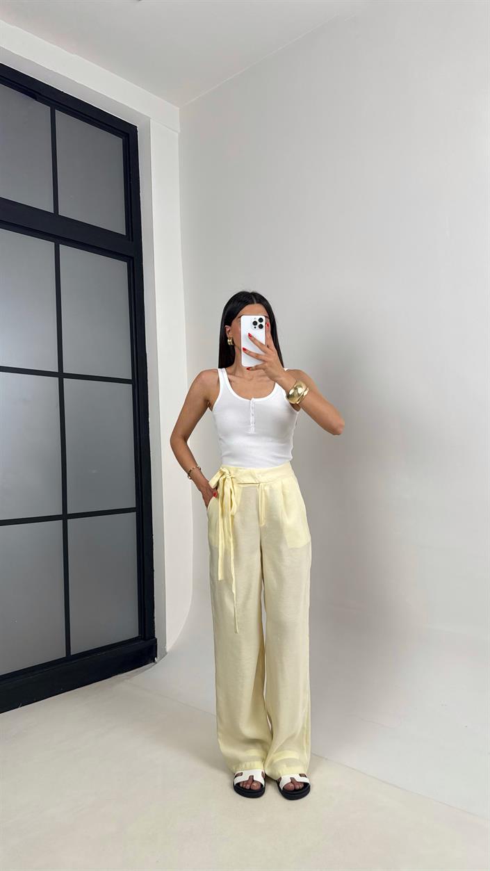 Sarı Yan Bağlamalı Tasarım Tencel Pantolon Gaus00500