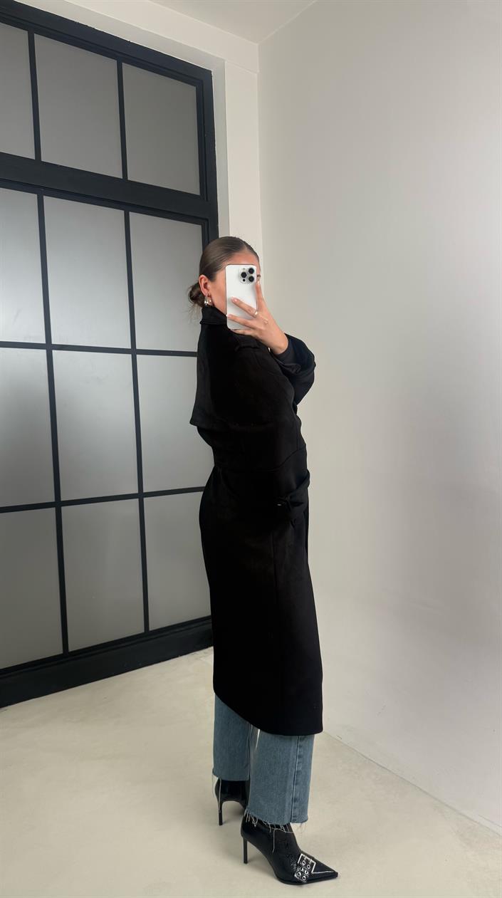 Siyah Düğmeli Kemerli Süet Trençkot GAUS-00487