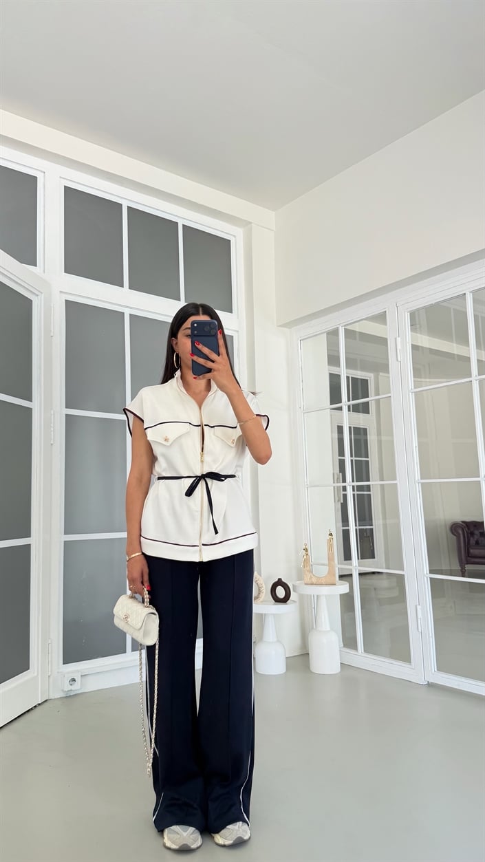 Ekru Kuşaklı Yelek Beli Lastikli Eşofman İkili Modal Takım GAUS-01827