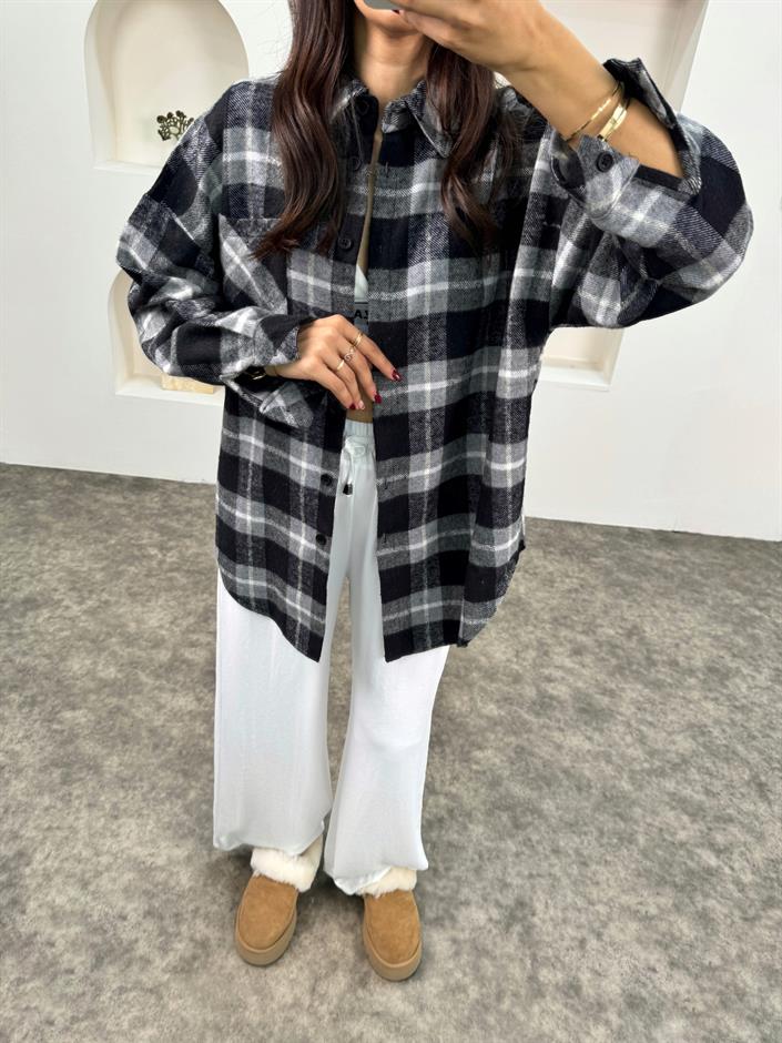 Raga Gri Kareli Kaşe Oduncu Oversize Gömlek