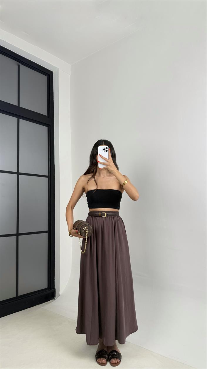 Kahve Cep Detaylı Basic Tencel Etek GAUS-0045