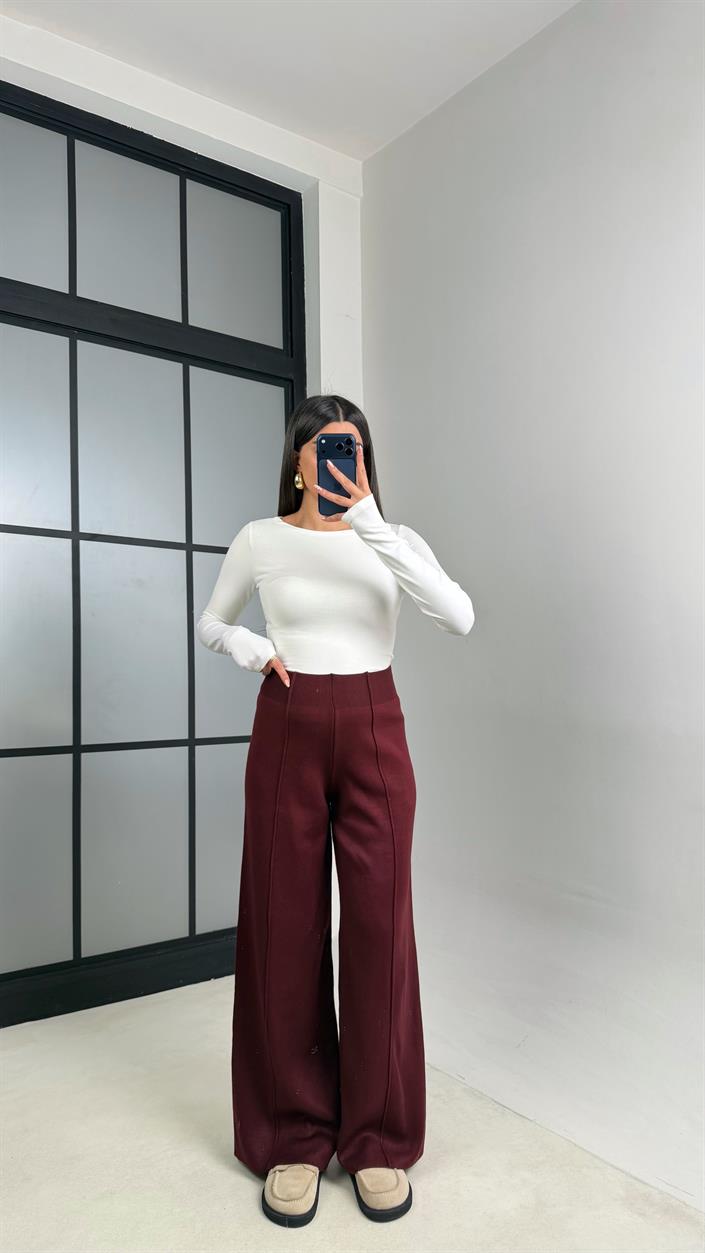 Bordo Beli Lastikli Dikiş Detaylı Triko Pantolon GAUS-00856