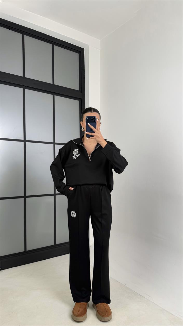 Siyah Fermuarlı Baskılı Sweatshirt Beli Lastikli Eşofman İkili Takım GAUS-00597