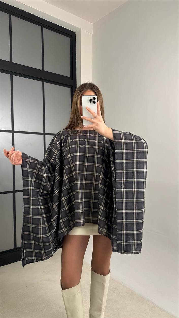 Antrasit Ekose Desenli Şal Detaylı Pelerin Panço GAUS-01153