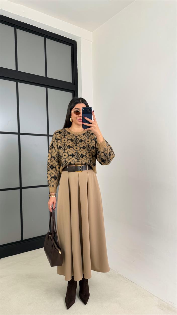 Camel Kemerli Pile Detaylı Kumaş Etek GAUS-00701