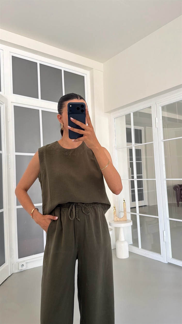 Yeşil Bluz Beli Lastikli Pantolon Yıkamalı Tencel Takım GAUS-01795