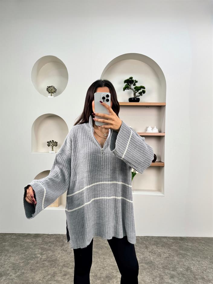 Leno Gri Fermuarlı Oversize Triko Kazak