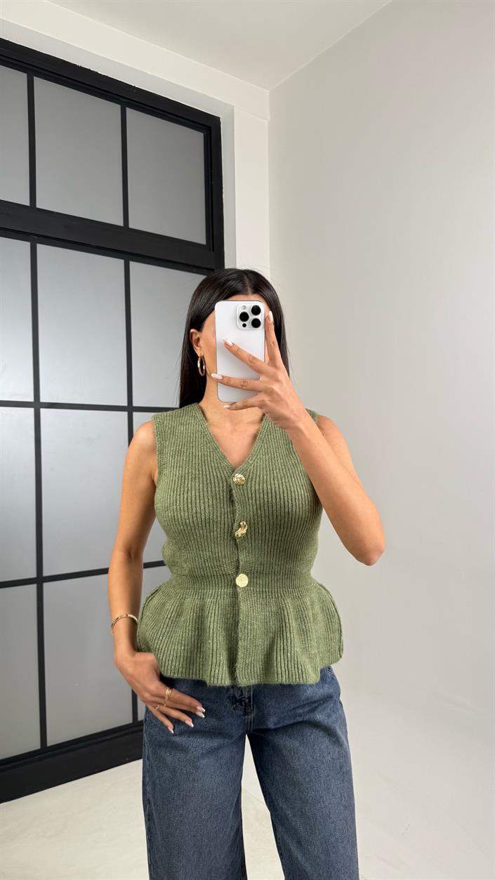 Yeşil Beli Lastikli Triko Yelek GAUS-00535