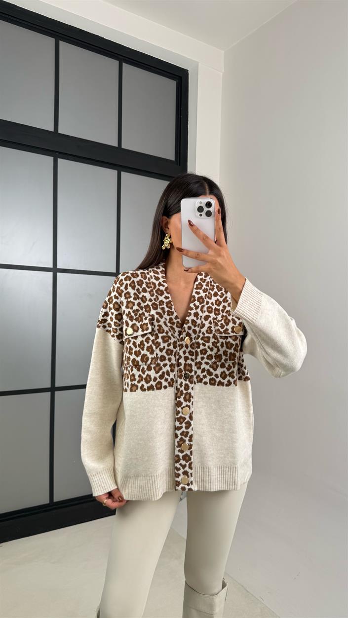 Bej Leopar Desenli Cepli Triko Hırka GAUS-00176