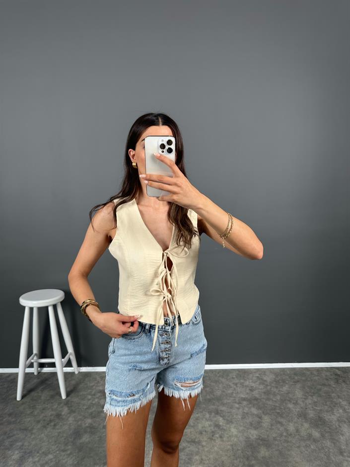 Krem Önden Bağlamalı Astarlı Yelek 