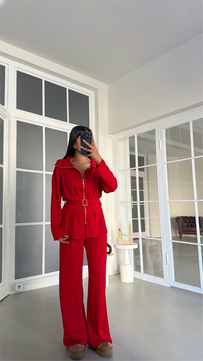 Kırmızı Kemer Detaylı Hırka Beli Lastikli Pantolon İkili Modal Takım GAUS-02053
