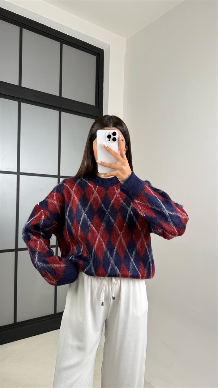 Bordo Baklava Desenli Yumuşak Dokulu Vintage Kazak GAUS-00558