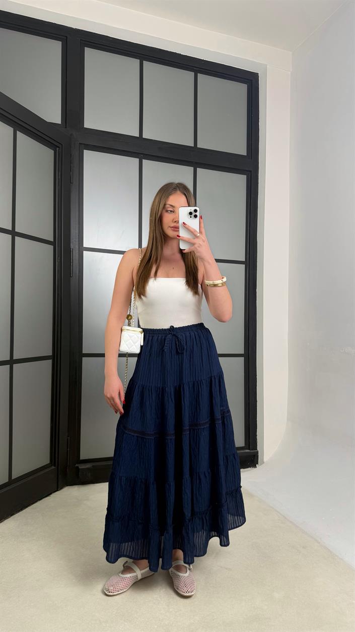 Lacivert Beli Lastikli Nakış Detaylı Astarlı Etek GAUS-01242