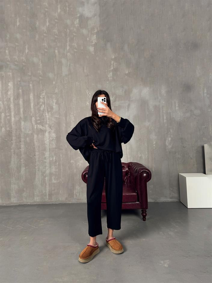 Serge Siyah Oys Kumaş Oversize İkili Takım 