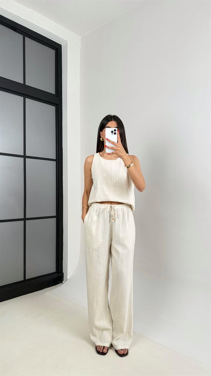 Taş Sıfır Kol Bluz Beli Lastikli Pantolon Md Muadil Keten Takım Gaus00495 