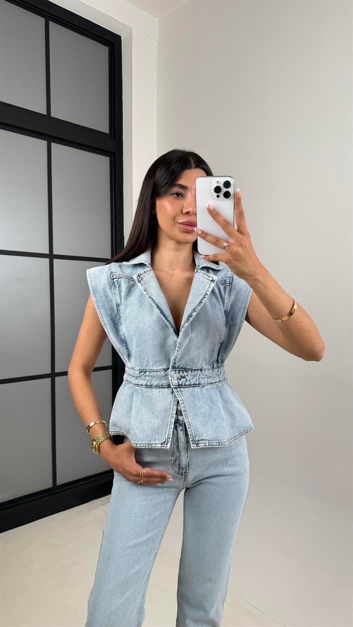 Mavi Düğmeli Denim Tasarım Yelek Gaus00602