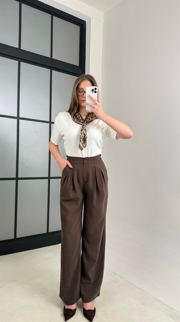Acı Kahve Beli Lastikli Pile Detaylı Tencel Pantolon GAUS-00995