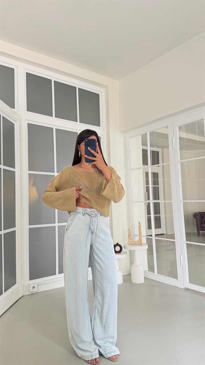 Buz Mavi Kuşaklı Tencel Denim Pantolon GAUS-01617