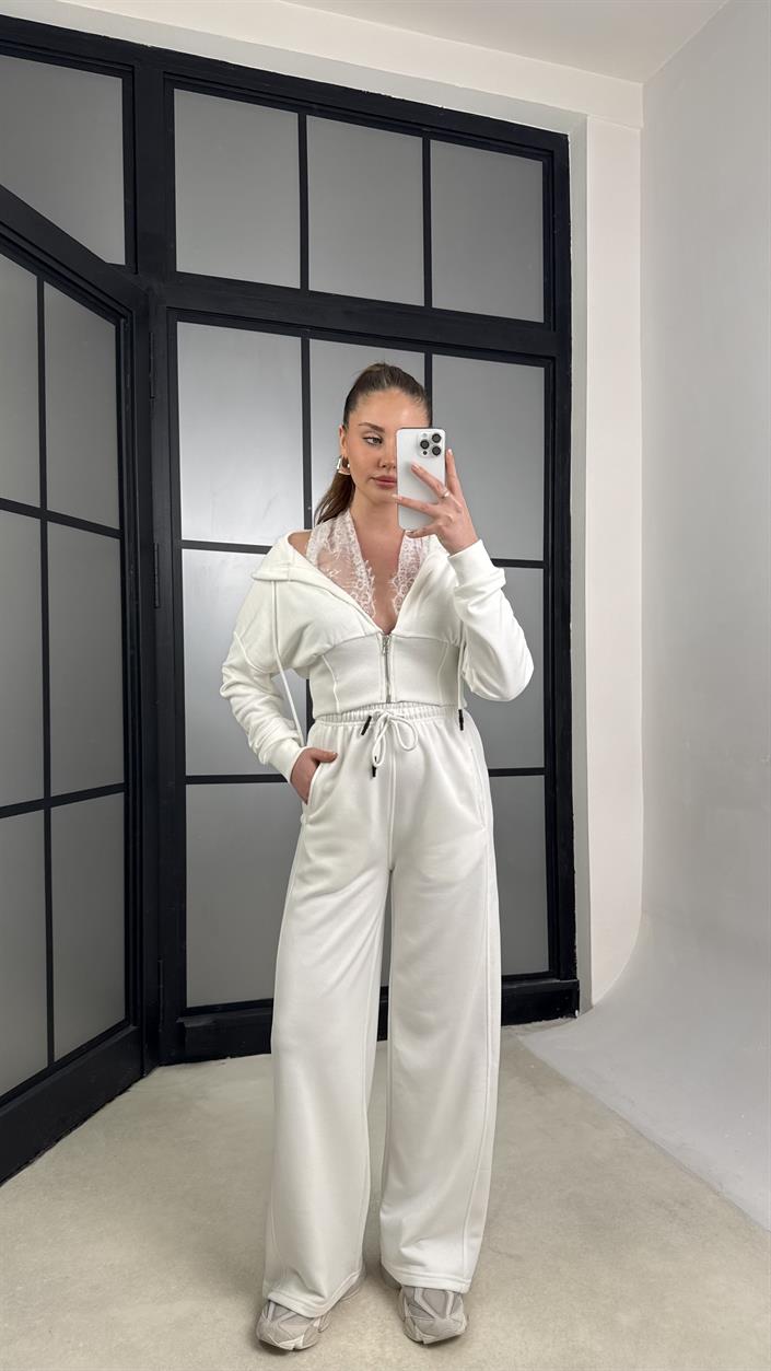 Beyaz Dantel Detaylı Hırka Beli Lastikli Eşofman Takım GAUS-01226