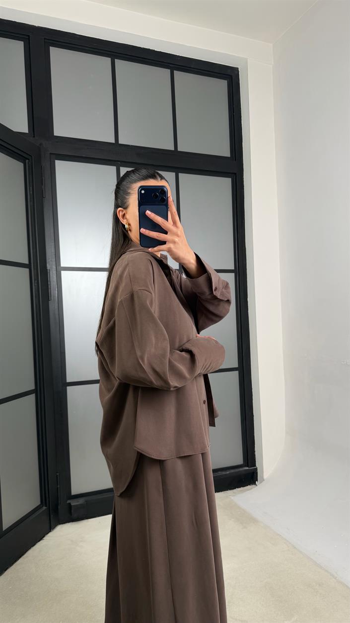 Kahve Gömlek Elbise Oversize İkili Tencel Takım GAUS-01423