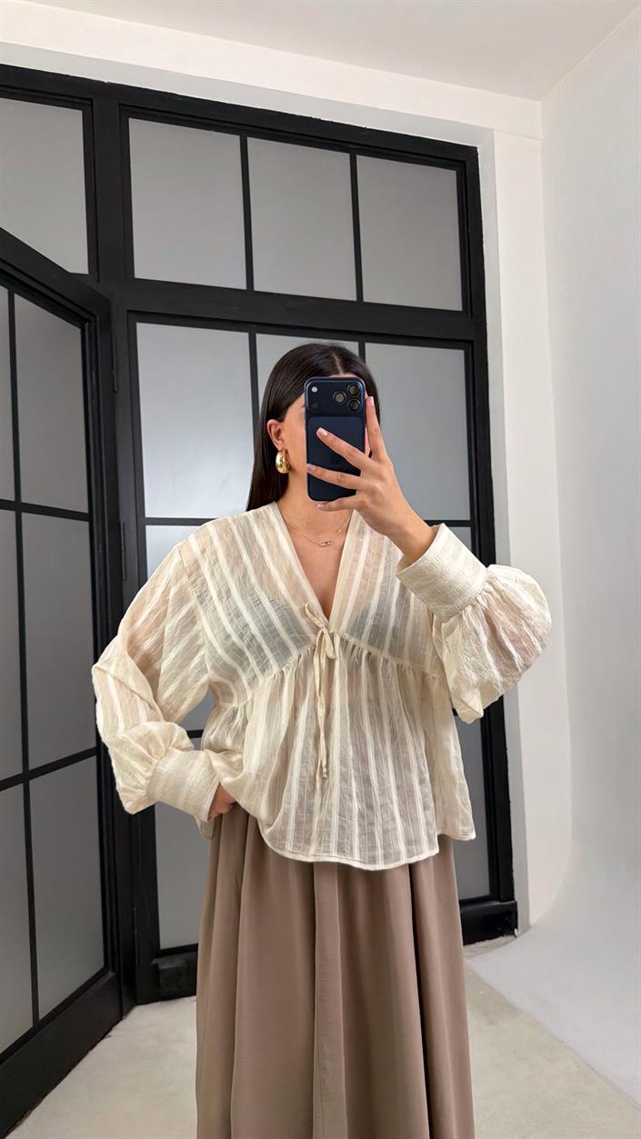 Krem Balon Kol Transparan Gömlek GAUS-01201