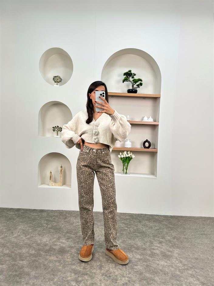 Erva Leopar Desenli Denim Pantolon