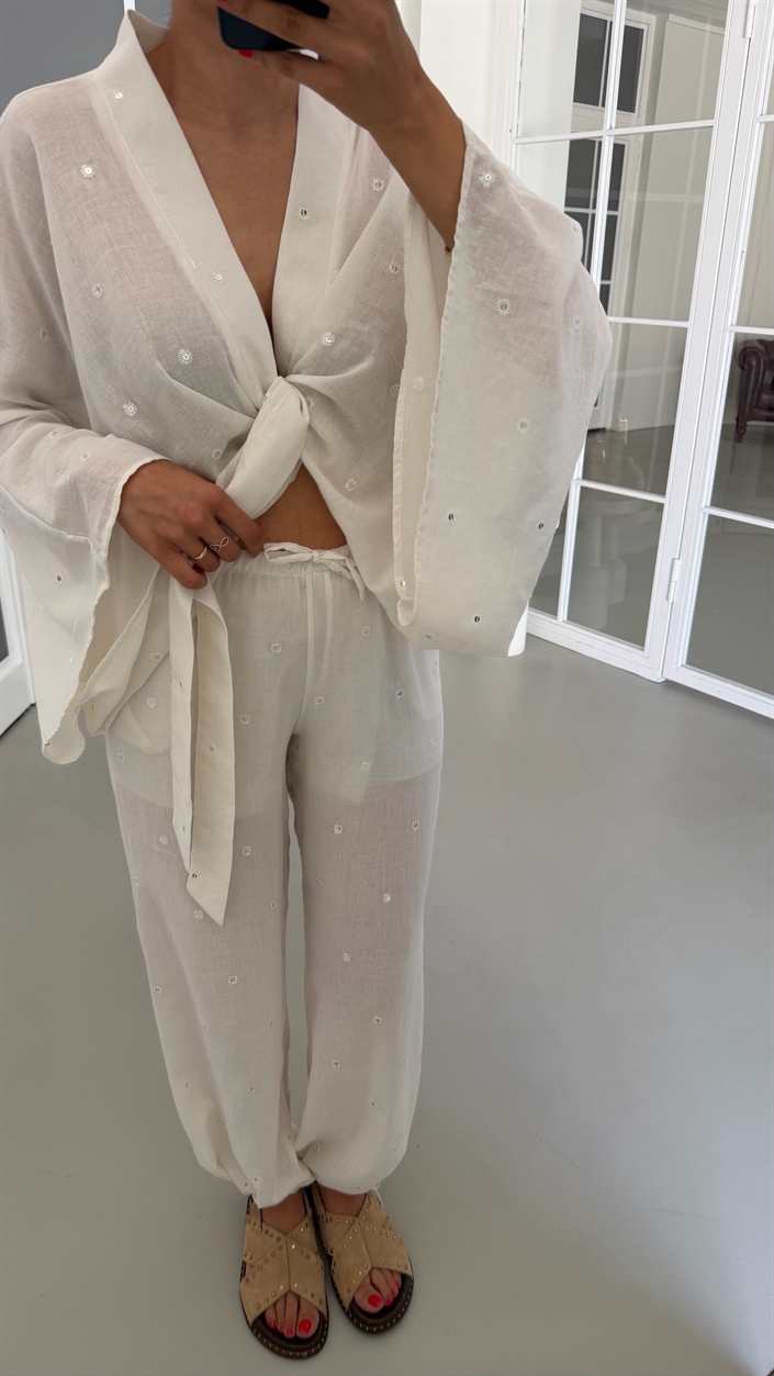 Ekru Pul Detaylı Kimono Beli Lastikli Şalvar Pantolon İkili Premium Takım GAUS-01857