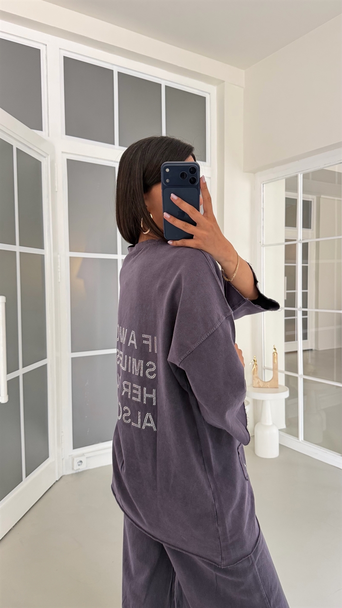 Mor Taş Yazı Detaylı Tshirt Beli Lastikli Eşofman Takım GAUS-01755